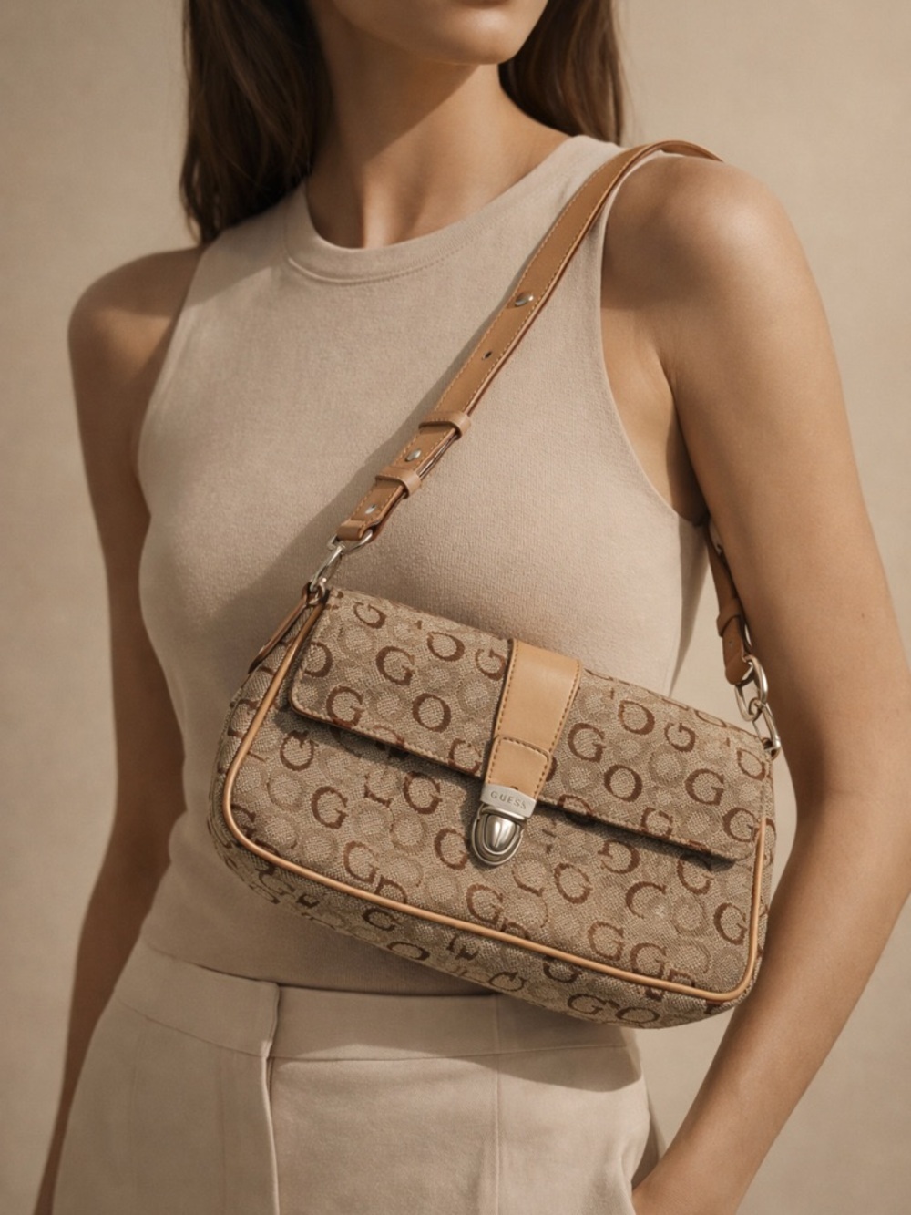 Vintage Iconic GUESS Y2K Monogram Shoulder Bag Logo Print Tan Brown Mini